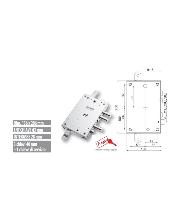 MOTTURA SERRATURA TRIPLICE E60 DM DX ART 89571