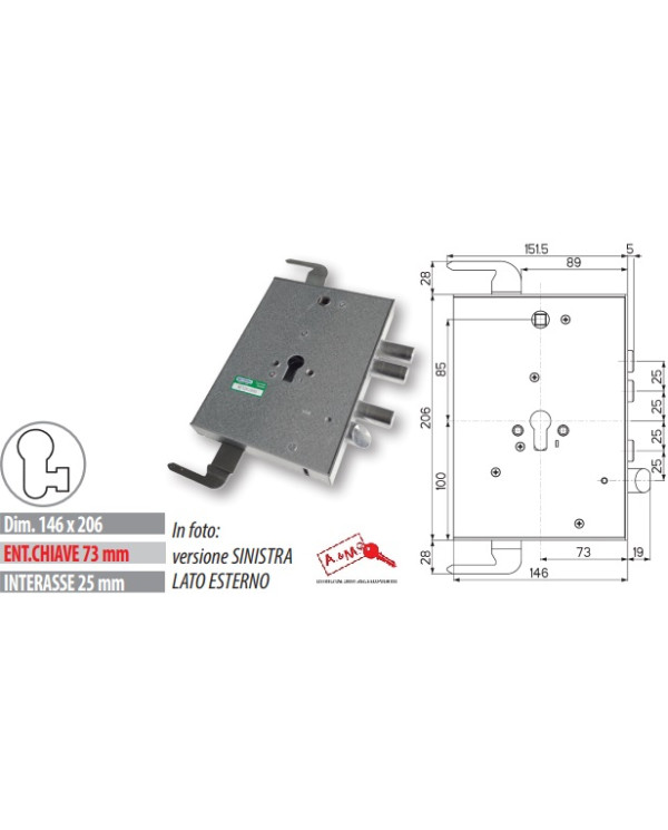 MOTTURA SERRATURA TRIPLICE E73 CIL DX ART 89571