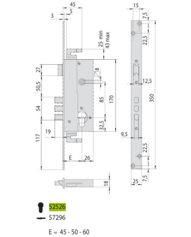 CISA SERRATURA INFILARE A CILINDRO ART 52526 45 0