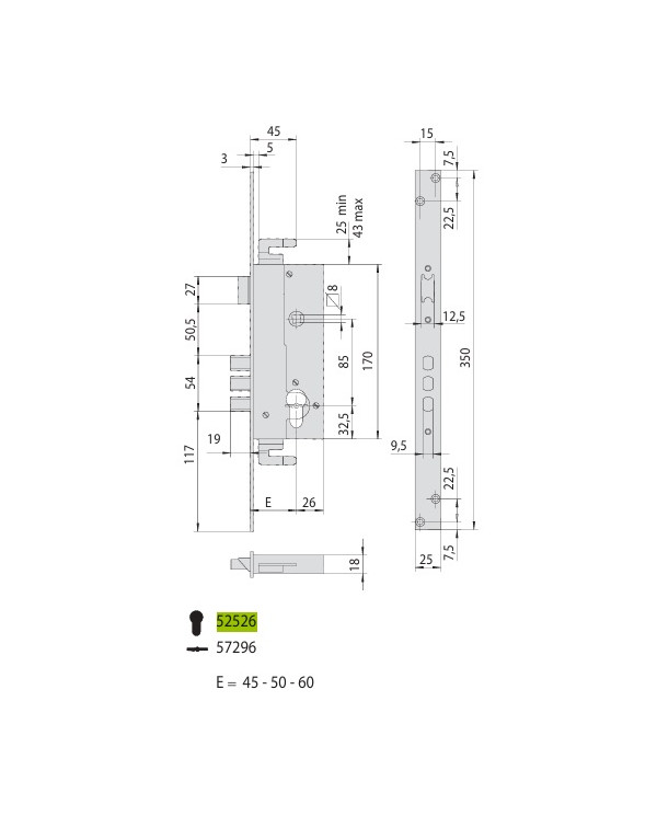 CISA SERRATURA INFILARE A CILINDRO ART 52526 45 0