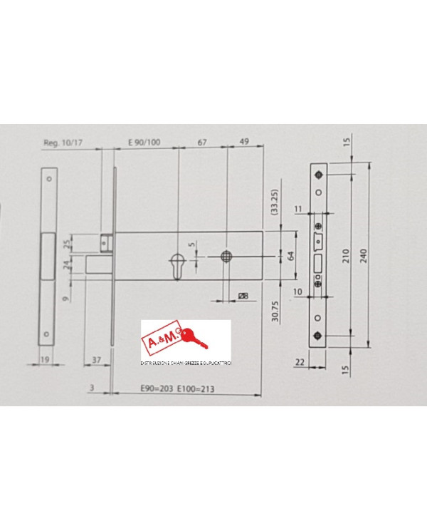 ISEO SERRATURA FASCIA LATERALE CILINDRO E 90