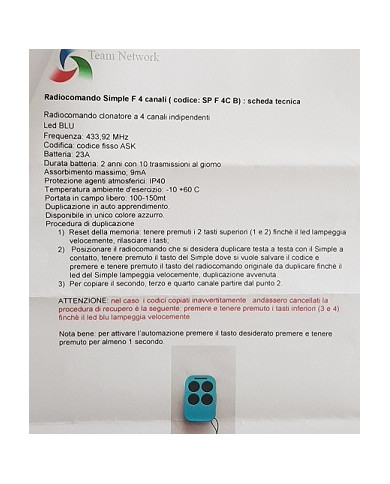 SIMPLE 4C RADIOCOMANDO FISSO 433 MHZ
