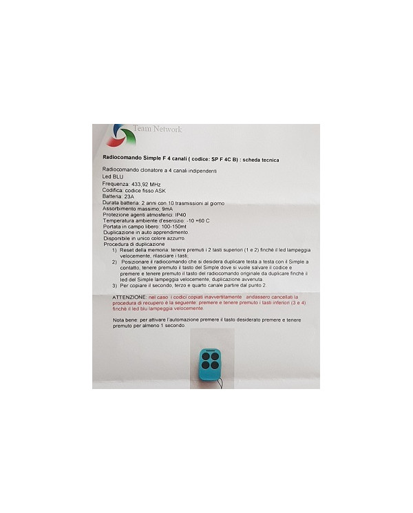 SIMPLE 4C RADIOCOMANDO FISSO 433 MHZ